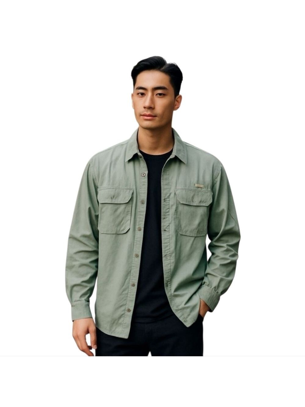 World wide sportsman green nylon button down long sleeve fishing shirt sze large